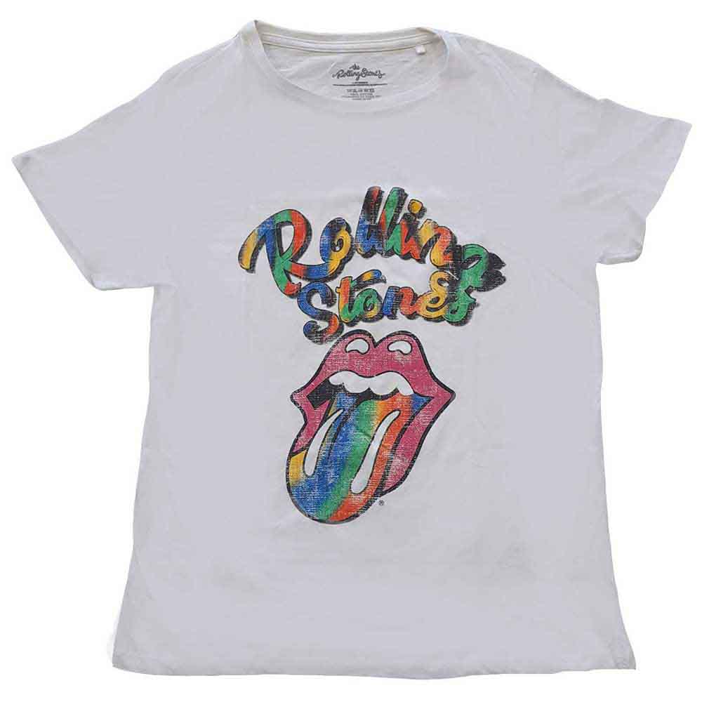Ladies t-shirt with multicoloured Rolling Stones tongue logo design.