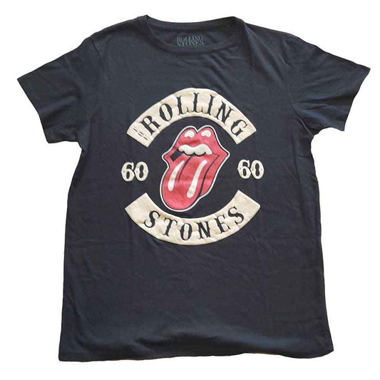Ladies' black t-shirt with The Rolling Stones' tongue and lips logo in suede flock.