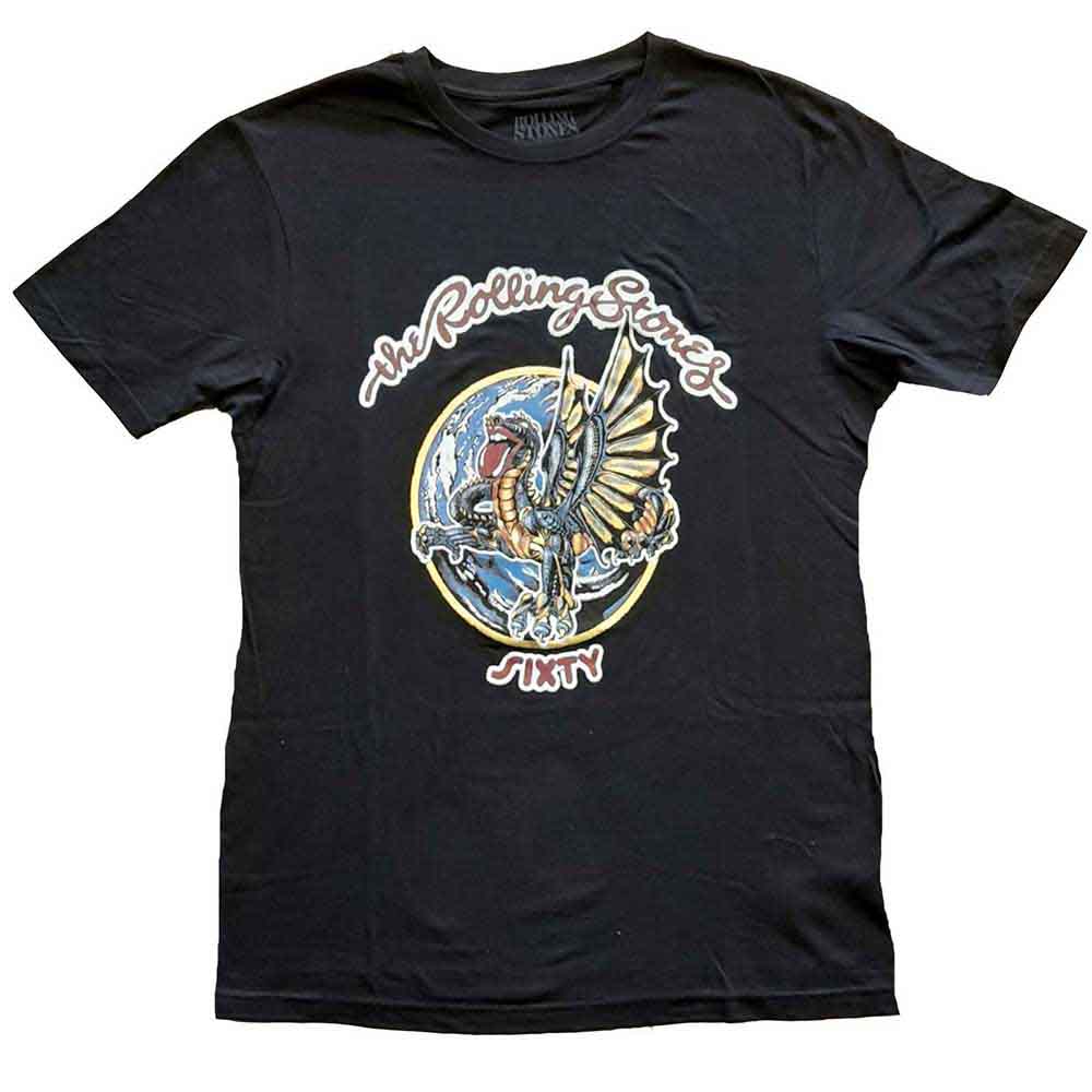 Ladies’ black Rolling Stones t-shirt with foiled gold dragon globe design, size XXXL.
