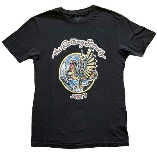 Ladies’ black Rolling Stones t-shirt with foiled gold dragon globe design, size XXXL.