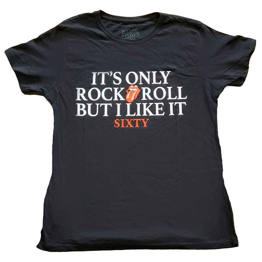 Ladies' black t-shirt with foiled Rolling Stones logo and text: "Sixty It's only R&R".