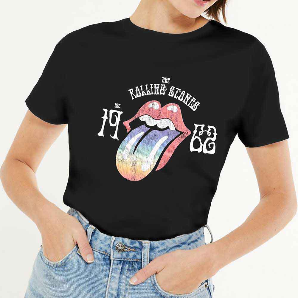 Ladies' black Rolling Stones t-shirt with colorful rainbow tongue logo, size XXXL.