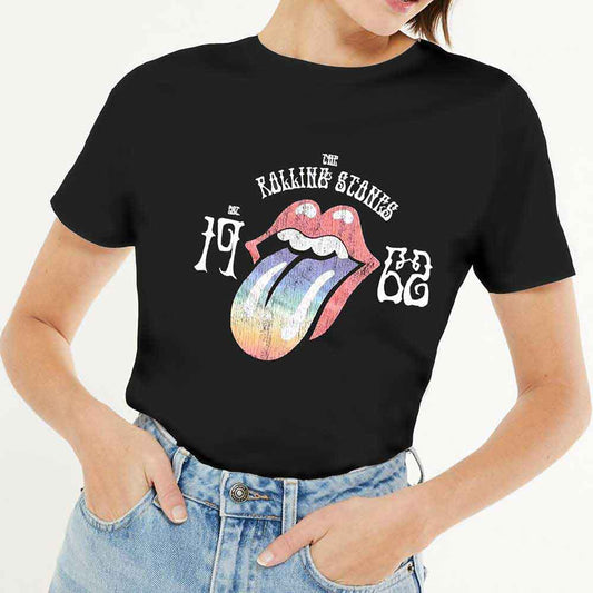 Ladies' black Rolling Stones t-shirt with colorful rainbow tongue logo, size XXXL.