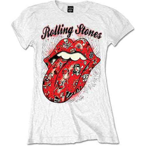 White women's t-shirt with red Rolling Stones tattoo-style lips graphic.