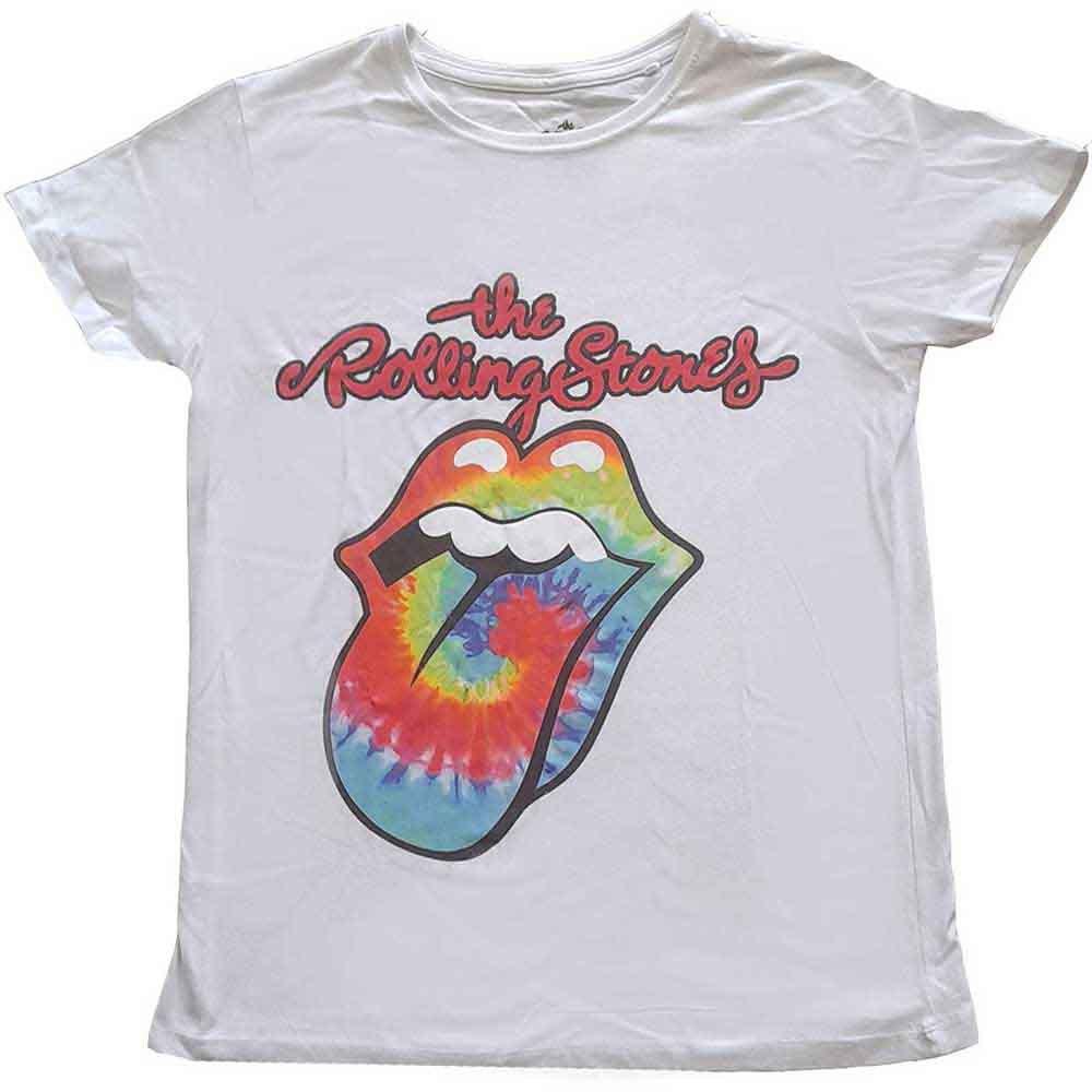 Tie-dye Rolling Stones t-shirt featuring the iconic tongue logo.