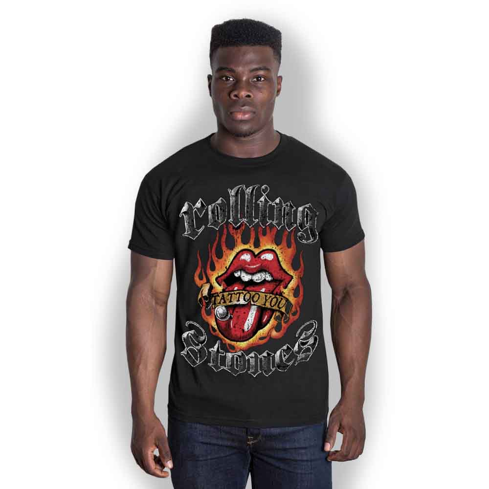 Black t-shirt with The Rolling Stones’ flaming tongue and lips logo.