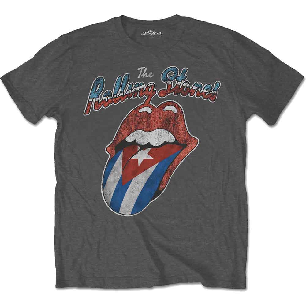 Gray Rolling Stones t-shirt with lips and Cuban flag design.