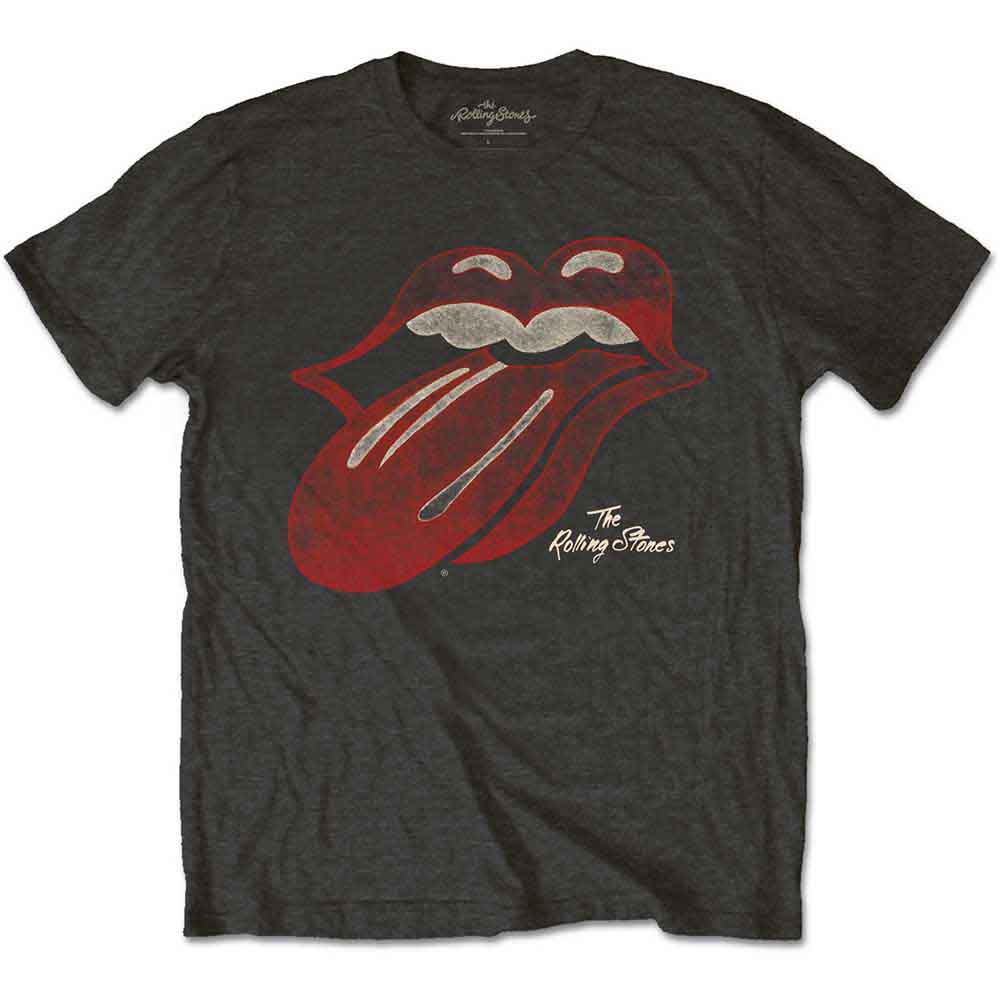 Grey t-shirt with The Rolling Stones’ iconic red tongue and lips logo.