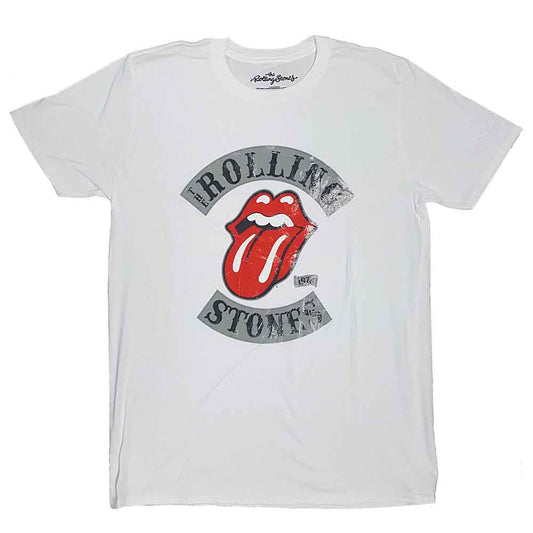 White t-shirt with Rolling Stones tongue and lips logo graphic.