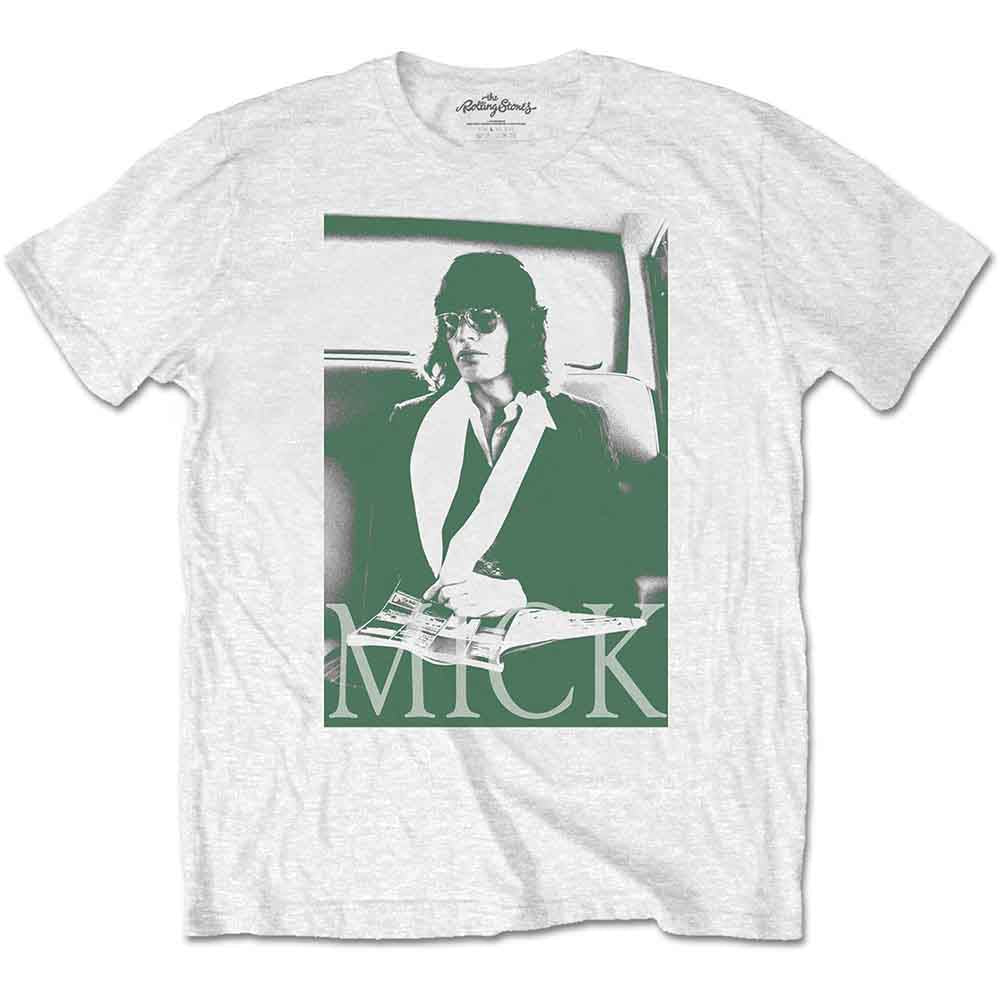 White t-shirt with a green and black graphic of Mick Jagger.