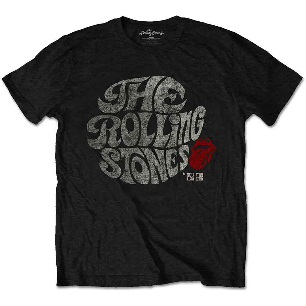 Black t-shirt with The Rolling Stones’ ‘Swirl Logo ‘82’ design.