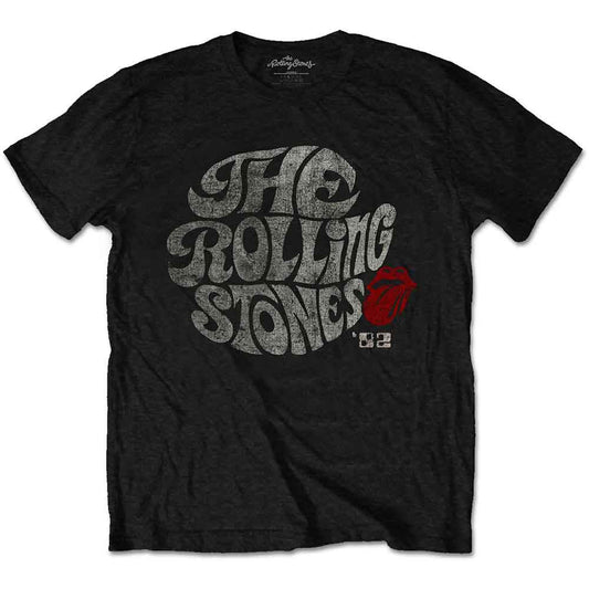 Black t-shirt with The Rolling Stones’ ‘Swirl Logo ‘82’ design.
