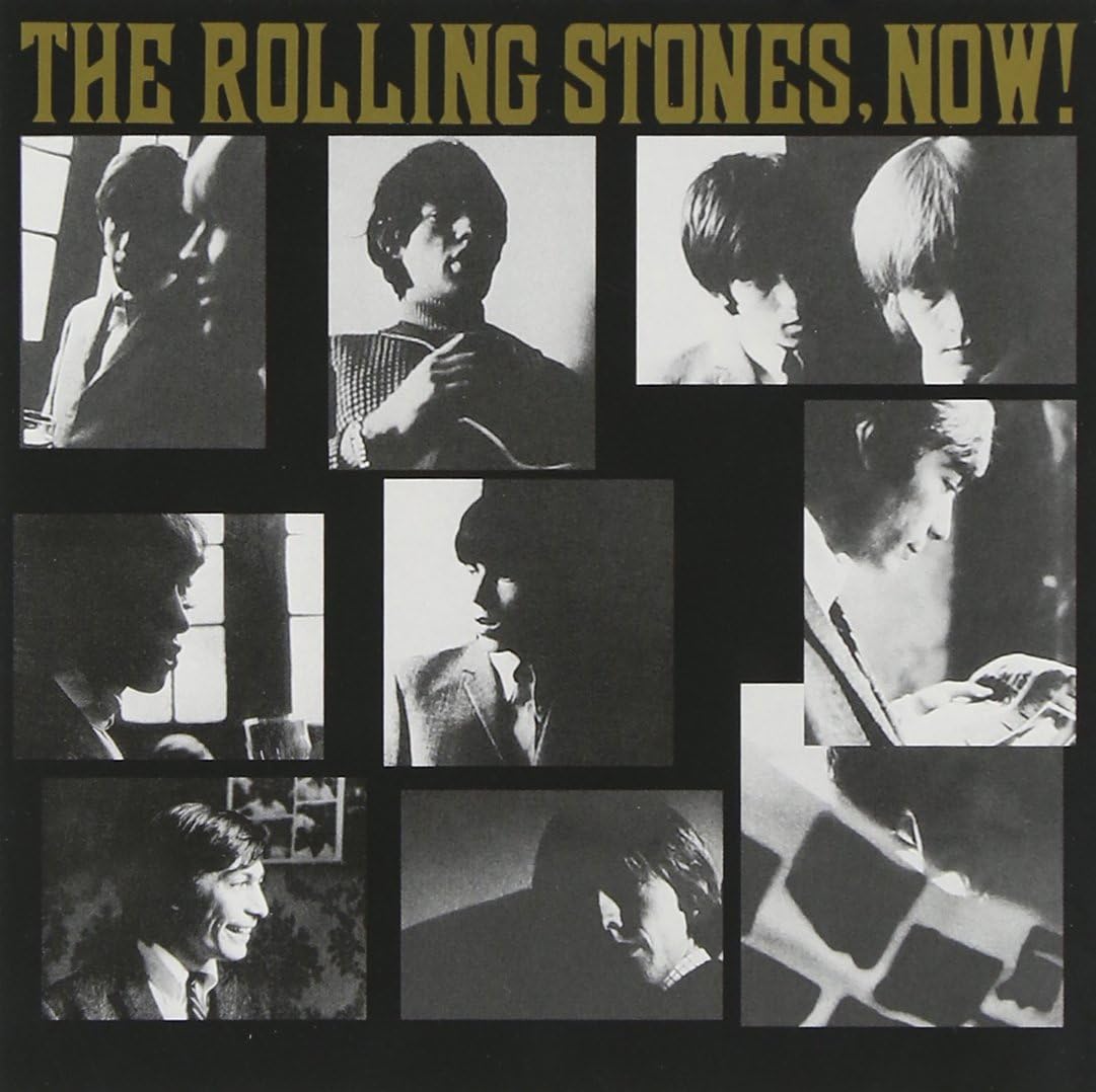 Black and white collage of The Rolling Stones album cover, "Now!".
