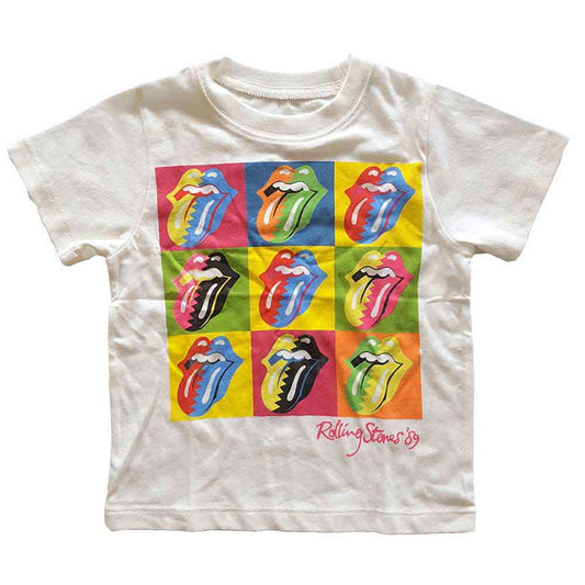 White toddler t-shirt with a colorful, repeating Rolling Stones tongue design.
