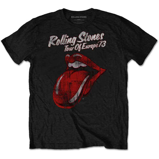 Black t-shirt with Rolling Stones’ tongue and lips logo, “Tour of Europe 73”.