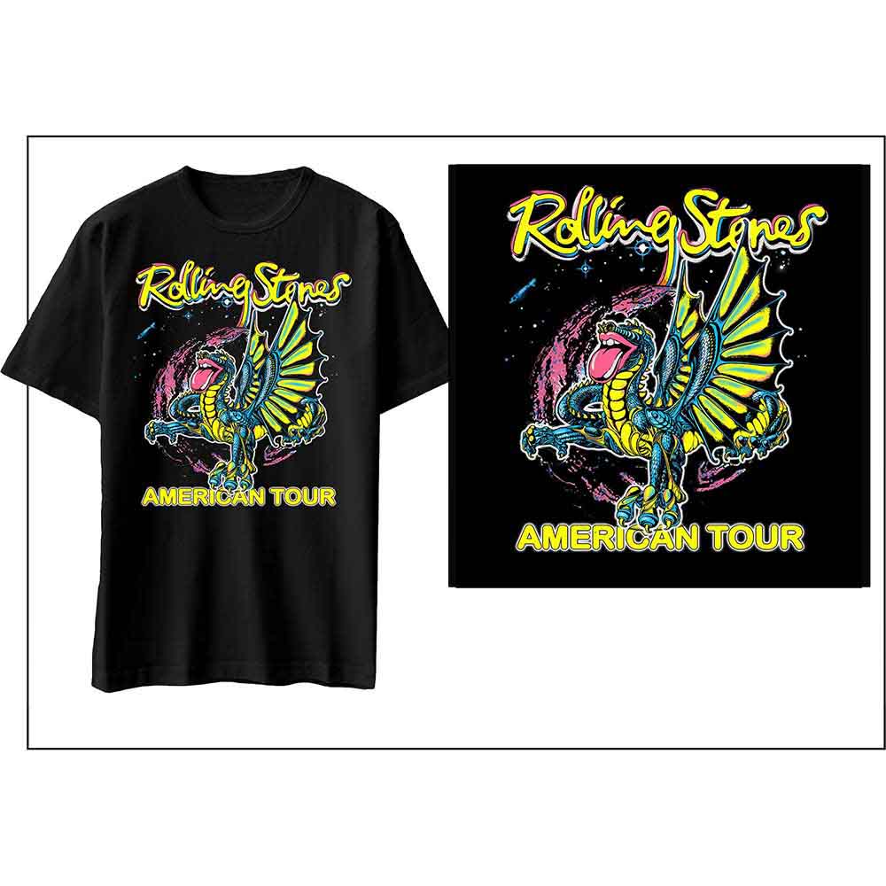 Black t-shirt with a colorful dragon and "The Rolling Stones" tour design.
