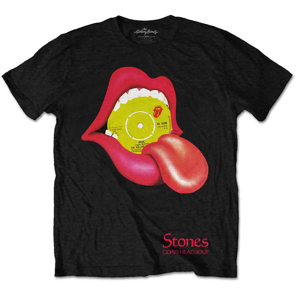 Black t-shirt with Rolling Stones’ iconic tongue and record label design.