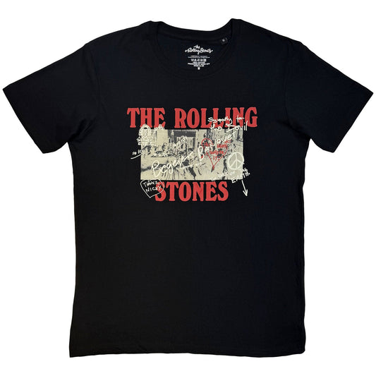 Black t-shirt featuring The Rolling Stones Beggars Banquet graffiti graphic in red and white.