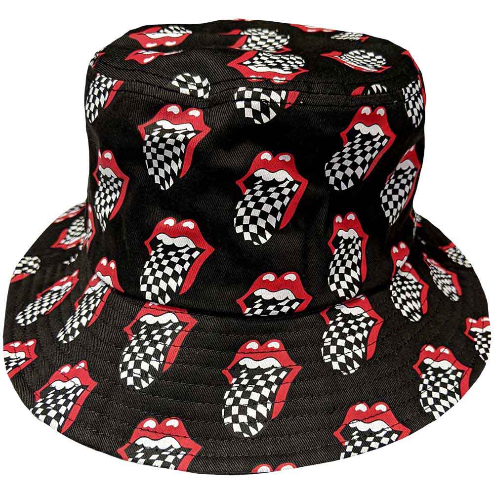 A bucket hat featuring a black and white checkerboard pattern with red tongue logos.