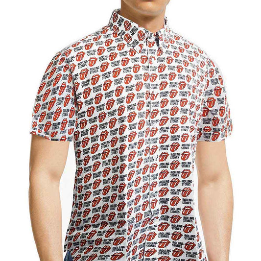 White button-down shirt covered in repeating red and black Rolling Stones tongues.