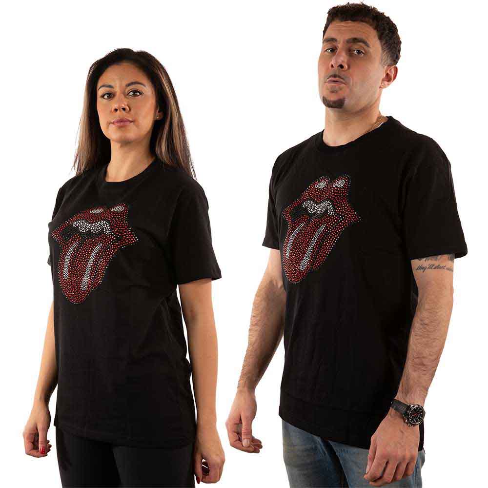 Black t-shirt featuring The Rolling Stones’ iconic red tongue and lips logo.