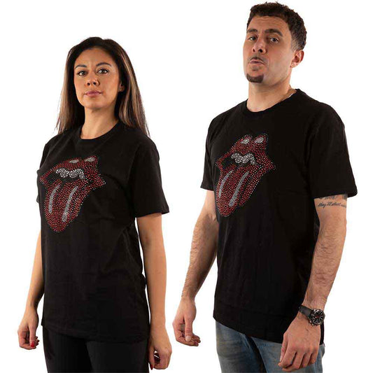 Black t-shirt featuring The Rolling Stones’ iconic red tongue and lips logo.