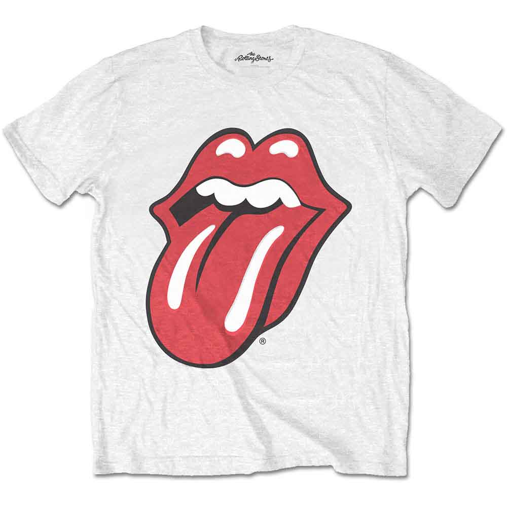 Black unisex t-shirt featuring the iconic red and white Rolling Stones tongue logo.