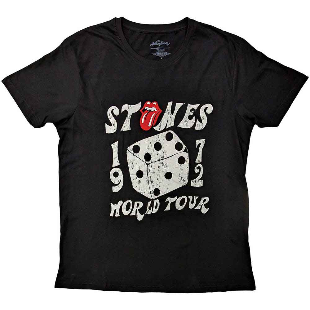 Black unisex T-shirt featuring a Rolling Stones Dice Tour 1972 graphic print.