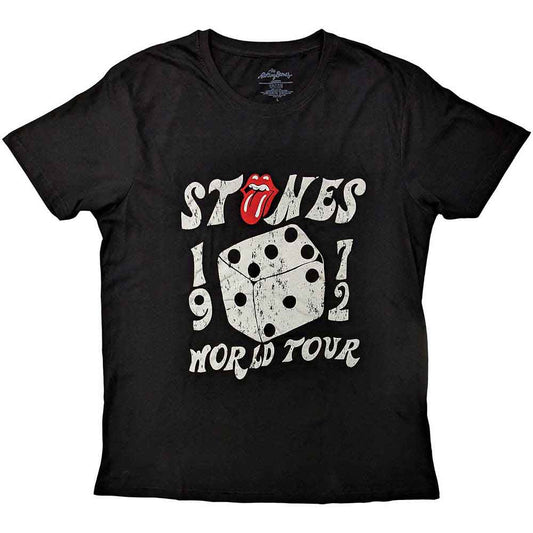 Black unisex T-shirt featuring a Rolling Stones Dice Tour 1972 graphic print.