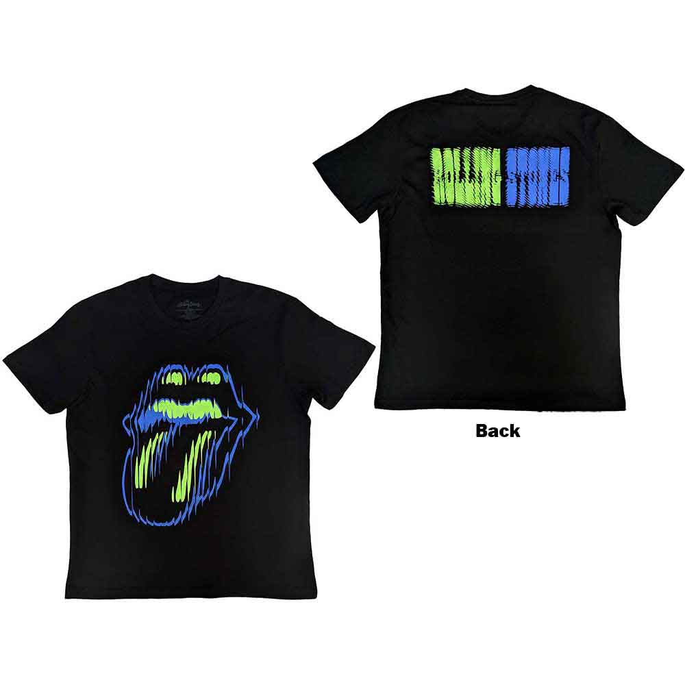Black unisex t-shirt featuring a distorted Rolling Stones tongue logo printed on the back.