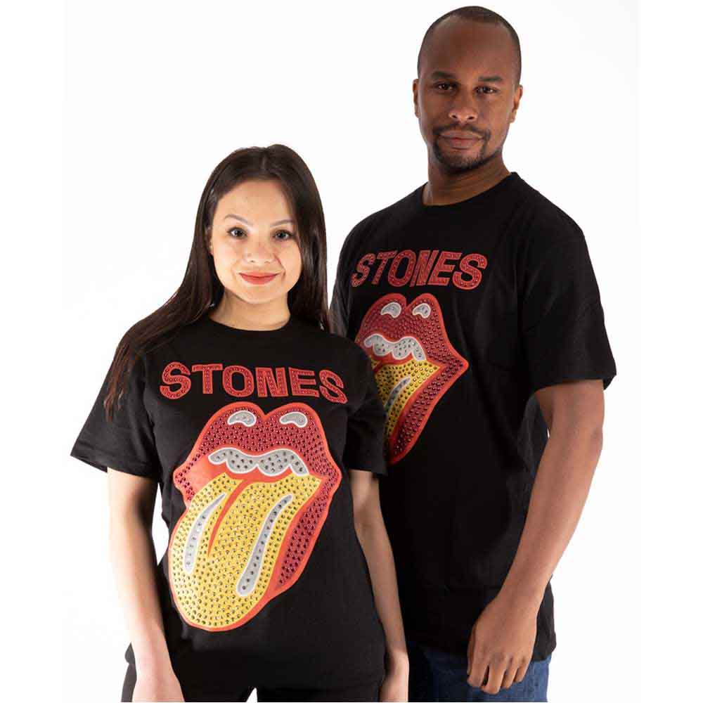 Small black t-shirt with a sparkly, embellished Rolling Stones tongue logo.