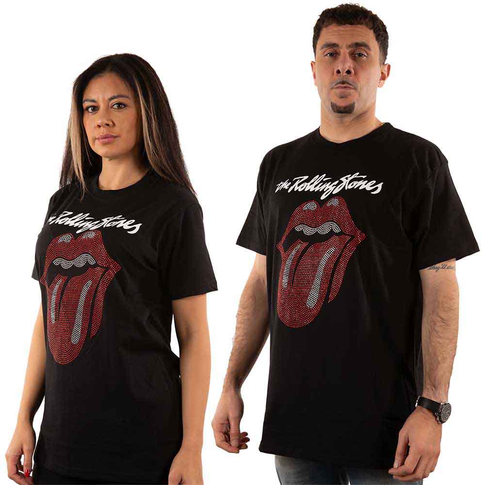 Small black t-shirt with The Rolling Stones logo and jeweled tongue design.
