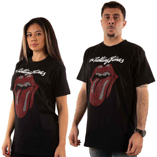 Small black t-shirt with The Rolling Stones logo and jeweled tongue design.