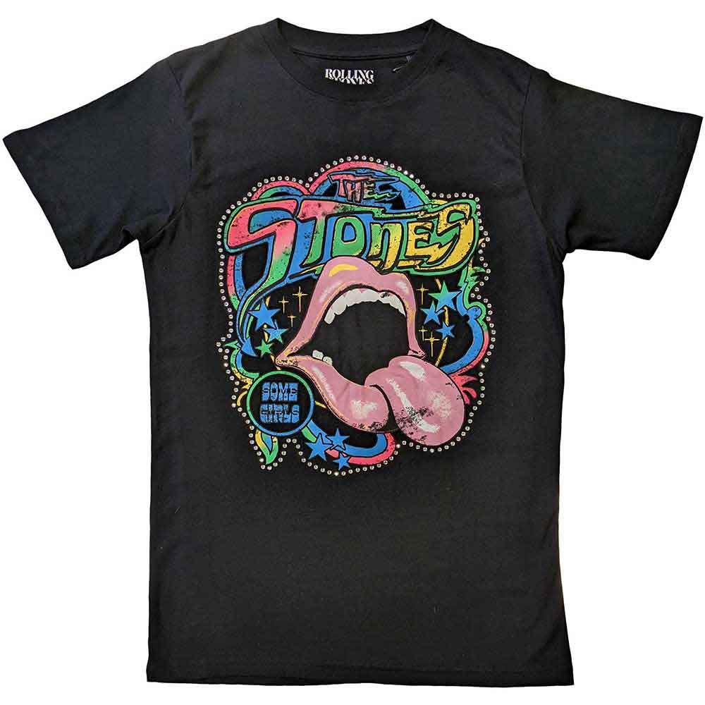 Rolling Stones t-shirt, neon pink tongue with diamante embellishments, unisex, size X-Large.