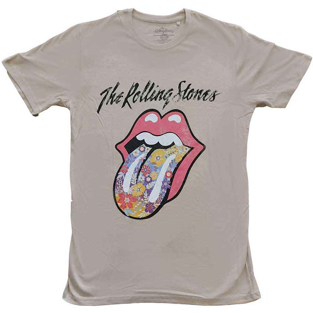 Large black t-shirt with The Rolling Stones’ iconic tongue and flowers logo.