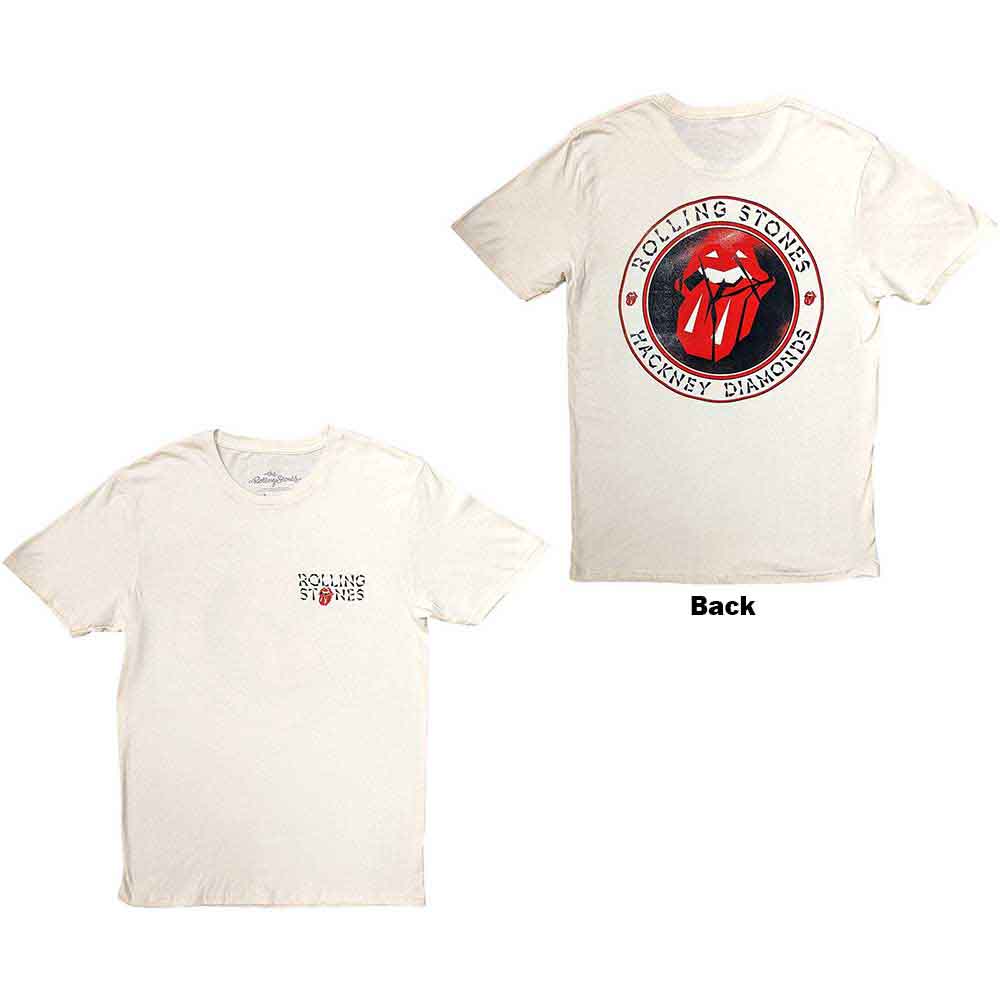 Black unisex t-shirt featuring a Rolling Stones Hackney Diamonds circle logo on the back.