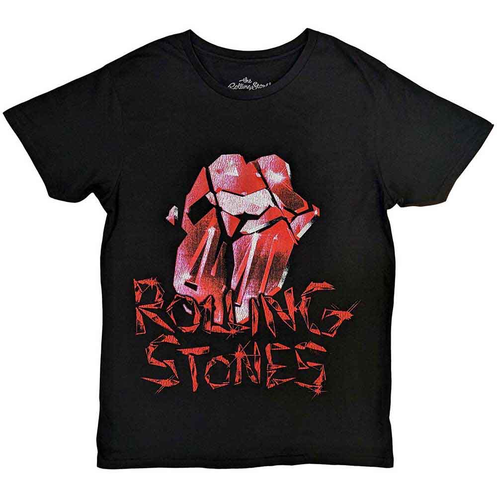 Black unisex t-shirt featuring the Rolling Stones tongue logo with a cracked glass effect.