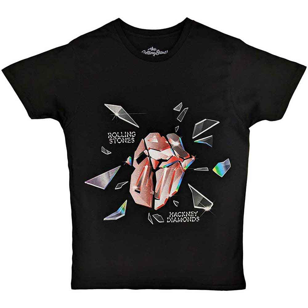 White unisex t-shirt featuring The Rolling Stones Hackney Diamonds explosion graphic on the front.