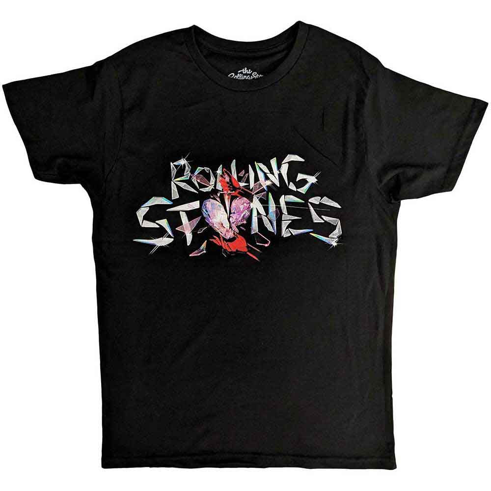 Black t-shirt with The Rolling Stones’ “Hackney Diamonds” glass logo design.