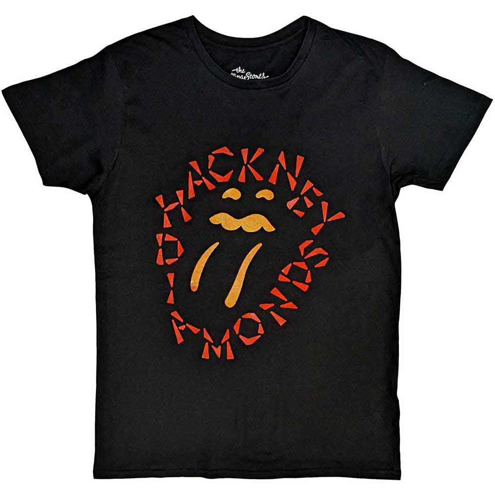 Black unisex t-shirt featuring a white negative-style Rolling Stones tongue logo on the chest.