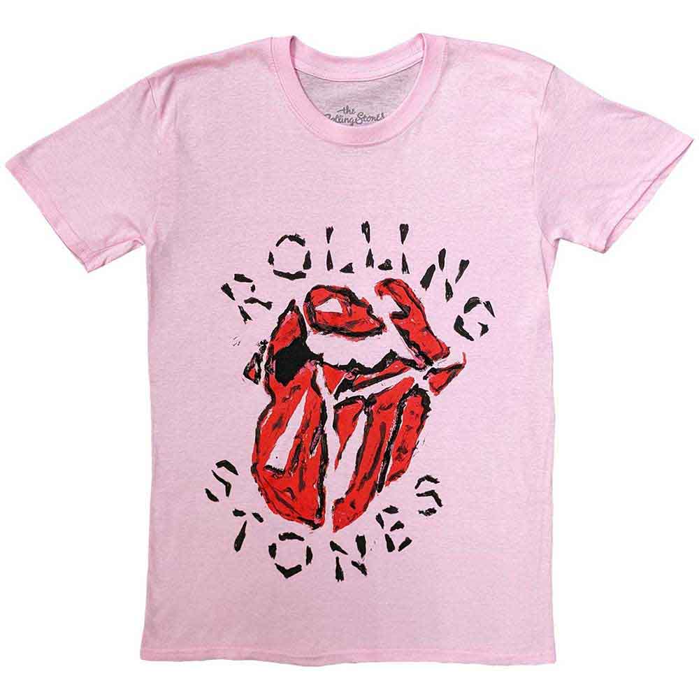 Black unisex t-shirt featuring The Rolling Stones painted tongue logo in colorful brushstrokes.