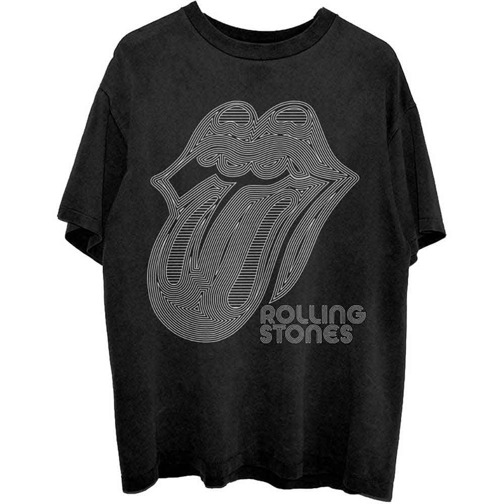 Black unisex t-shirt featuring a holographic Rolling Stones tongue logo on the chest.