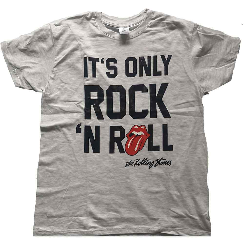 Gray t-shirt with "It's Only Rock 'N Roll" and Rolling Stones tongue logo.