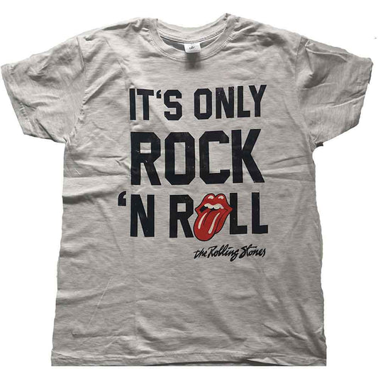 Gray t-shirt with "It's Only Rock 'N Roll" and Rolling Stones tongue logo.