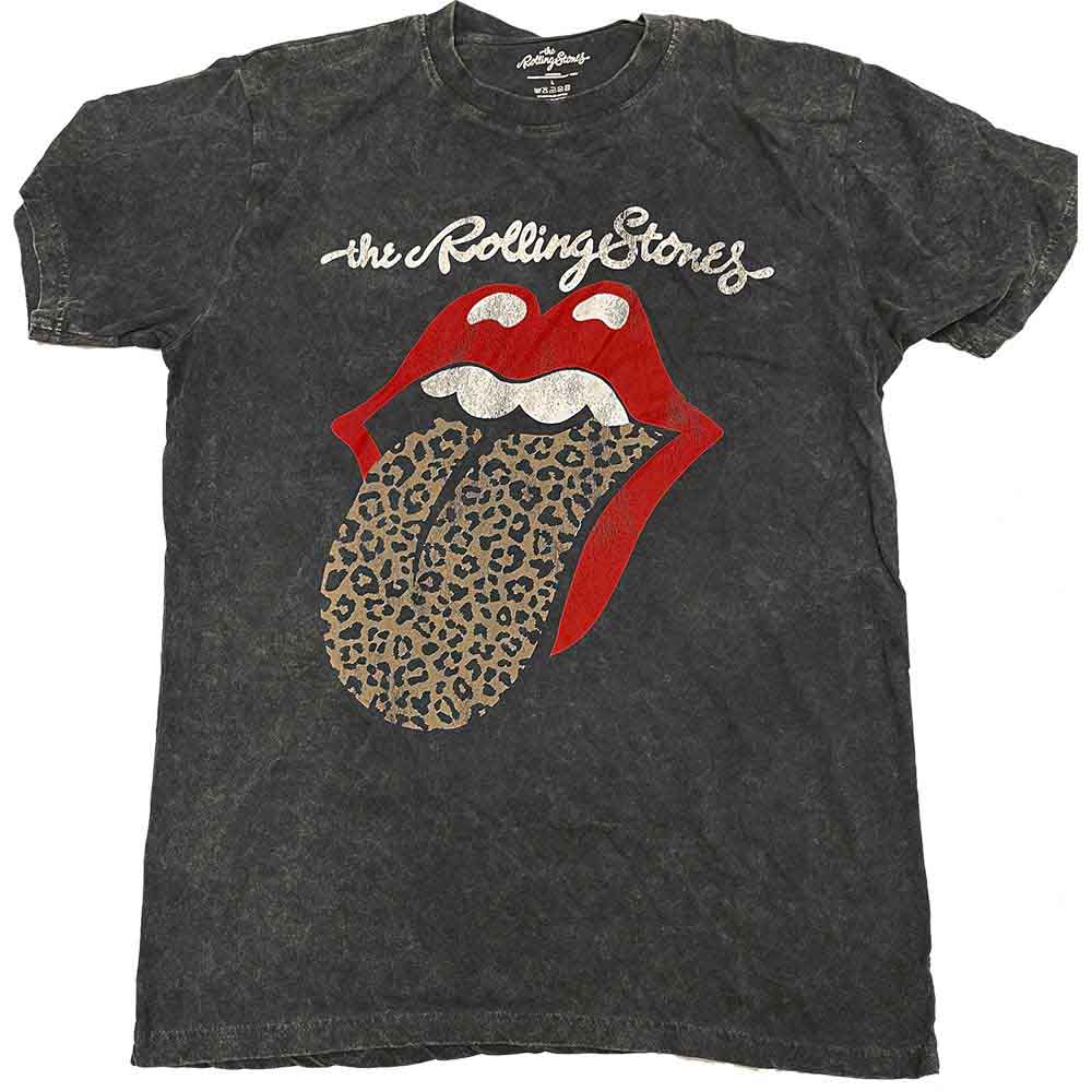 Acid wash t-shirt with The Rolling Stones’ leopard print tongue logo.