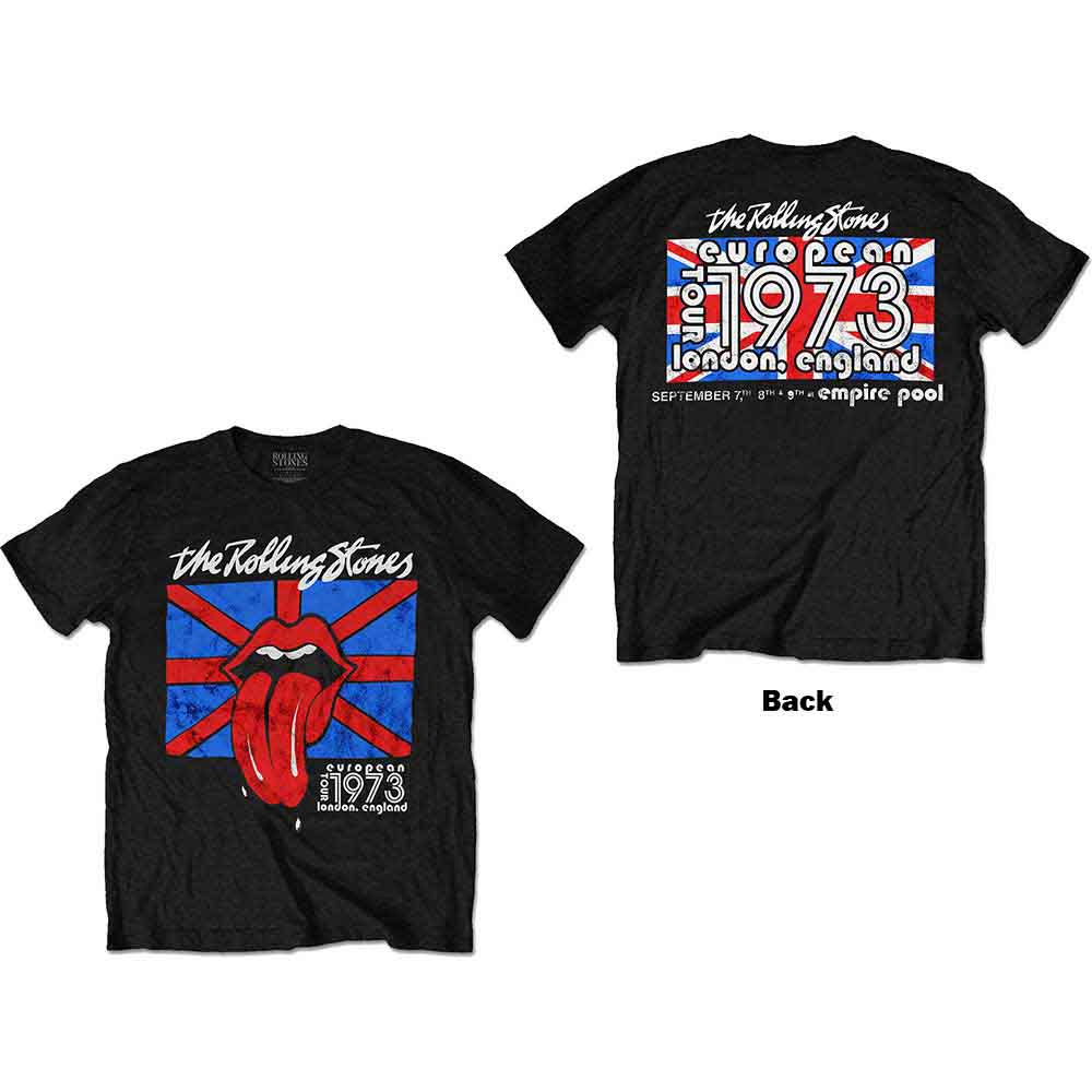 Black unisex t-shirt featuring a Rolling Stones London European 1973 tour graphic on back.