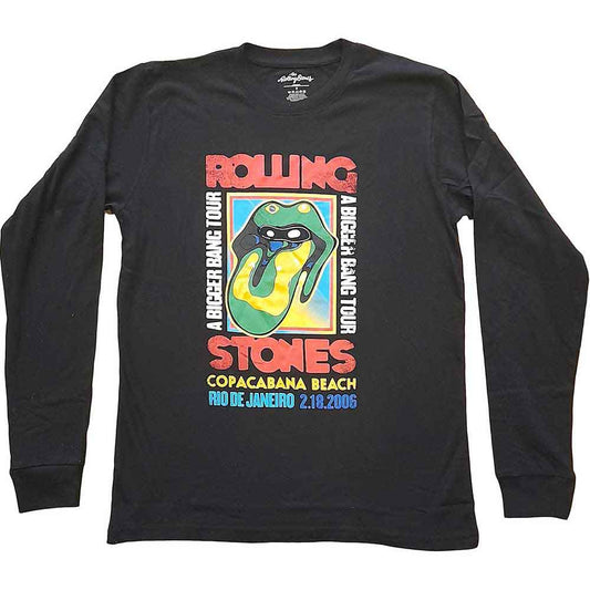 Long-sleeved black t-shirt featuring The Rolling Stones Copacabana Beach design, size small.