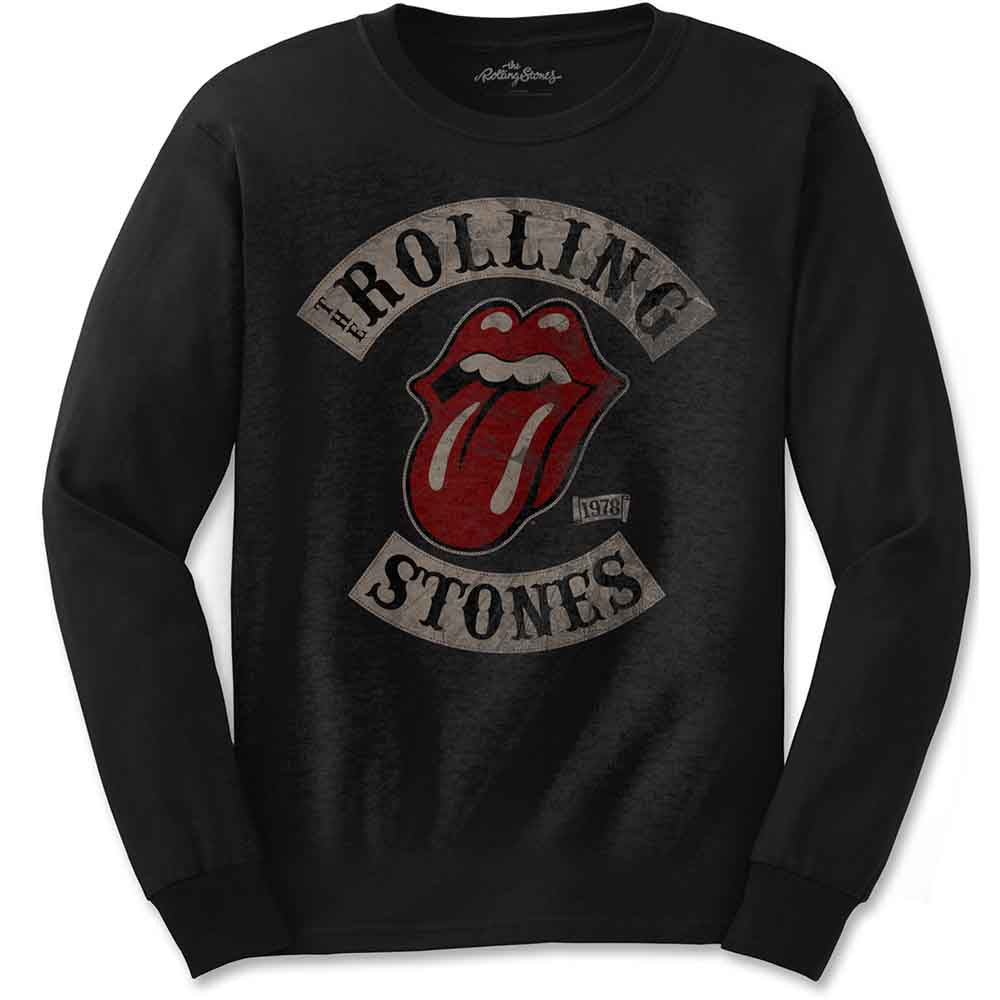 Long-sleeved black t-shirt featuring The Rolling Stones’ 1978 tour design.