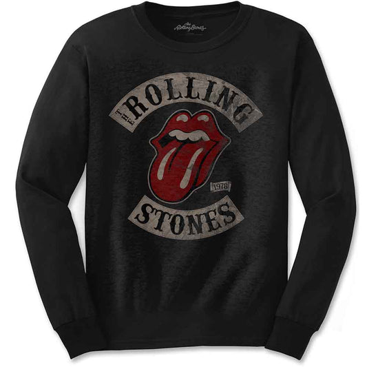 Long-sleeved black t-shirt featuring The Rolling Stones’ 1978 tour design.