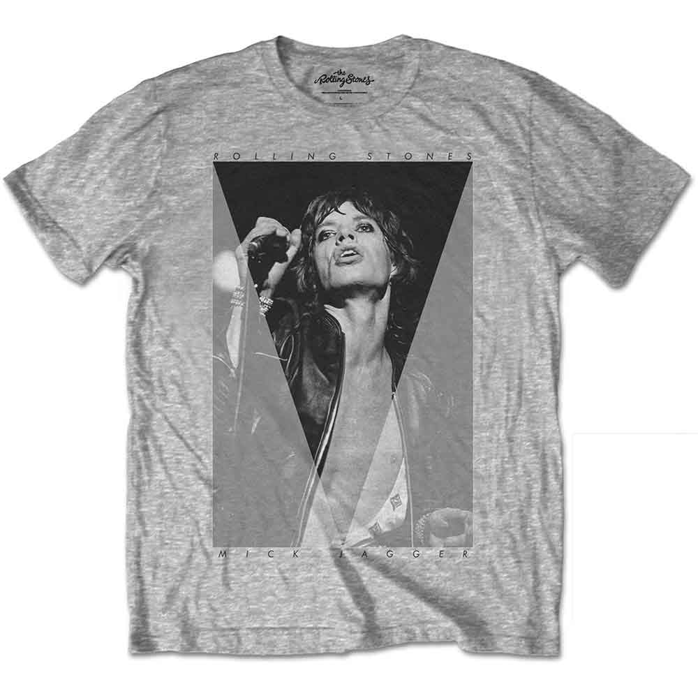 Black t-shirt featuring a triangular design of Mick Jagger’s face, Rolling Stones logo.